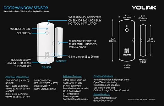 YoLink LoRa Smart Door & Window Sensor 3-Pack: Door Left-Open Reminders, up to 1/4 Mile Open-Air Range, up to 5 Year Battery Life, Alexa, IFTTT, Home Assistant