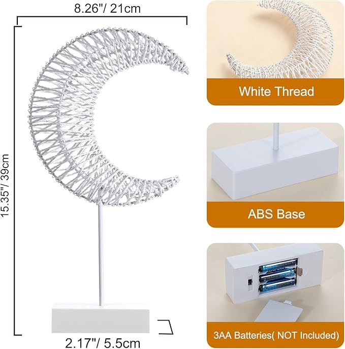 Lewondr Ramadan Decorations Moon Table Lamp, Moon Shape Rattan Ramadan Desk Lamp Battery Powered Light, Winding Thread LED Crescent Light for Home Bedroom Bedside Desktop Eid Mubarak Decorations