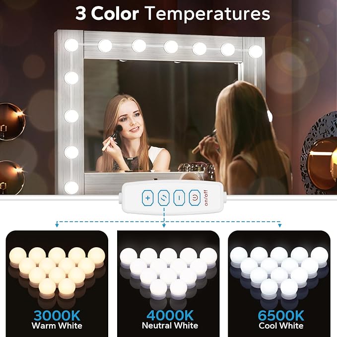 LED Vanity Lights For Mirror with 14 Dimmable Bulbs, Vanity Lights Stick on, 3000K 4000K 6500K & 10 Level Brightness Adjustable, USB Cable, Hollywood Mirror Lights for Makeup Dressing Room Bathroom
