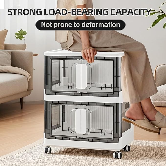 Folding Storage Organizer with Silent casters | Stackable Design for Home & Office, Heavy-Duty Plastic Storage Bin with Clear Door, 3 Sizes (19.5/23.5/27.5in),Black/White (19.7" 4 layer, White)