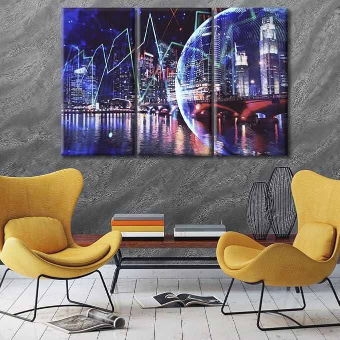 TUMOVO Wall Art 3 PiecesFinancial Chart on City Scape with Tall Buildings Background Paintings Wall Decor for Bedroom Print on Canvas Stretched and Framed Ready to Hang (42" Wx28 H)