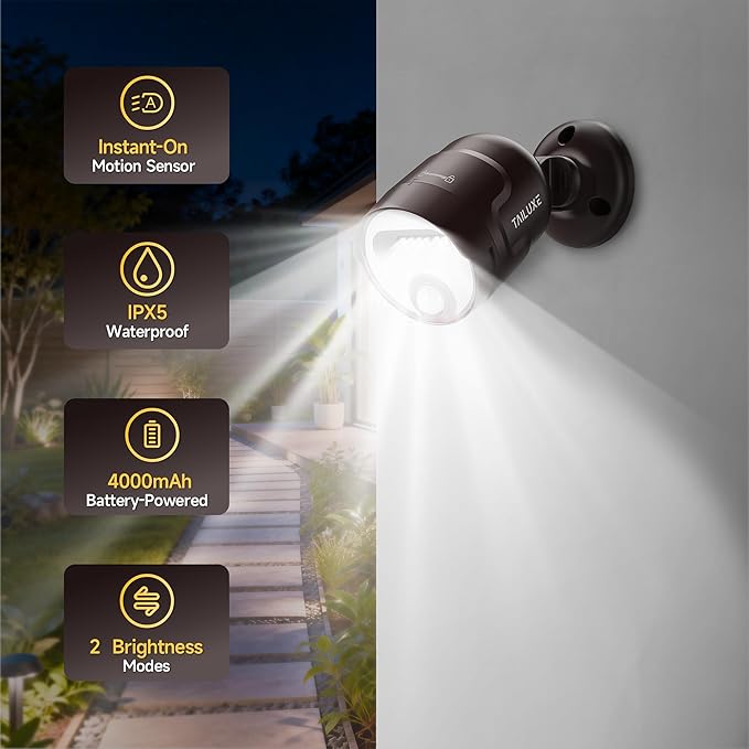 Wireless LED Spotlight, Battery Operated Motion Sensor Outdoor Light - 4000mAh Rechargeable 2-Mode IPX5 Waterproof 600LM Light for Porch, Garage, Hallway, Wardrobe (Brown)