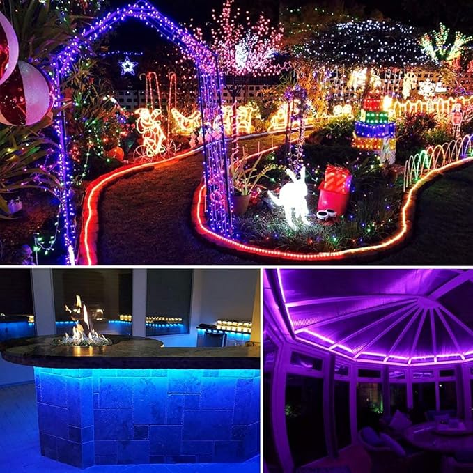 110V 8 Colors RGB Dimmable Strip Light Outdoor 131.2ft 40m Rope Lighting Kit Indoor Waterproof IP65 Connectable Flexible for Christmas Bar Boat Parties Landscape Decoration