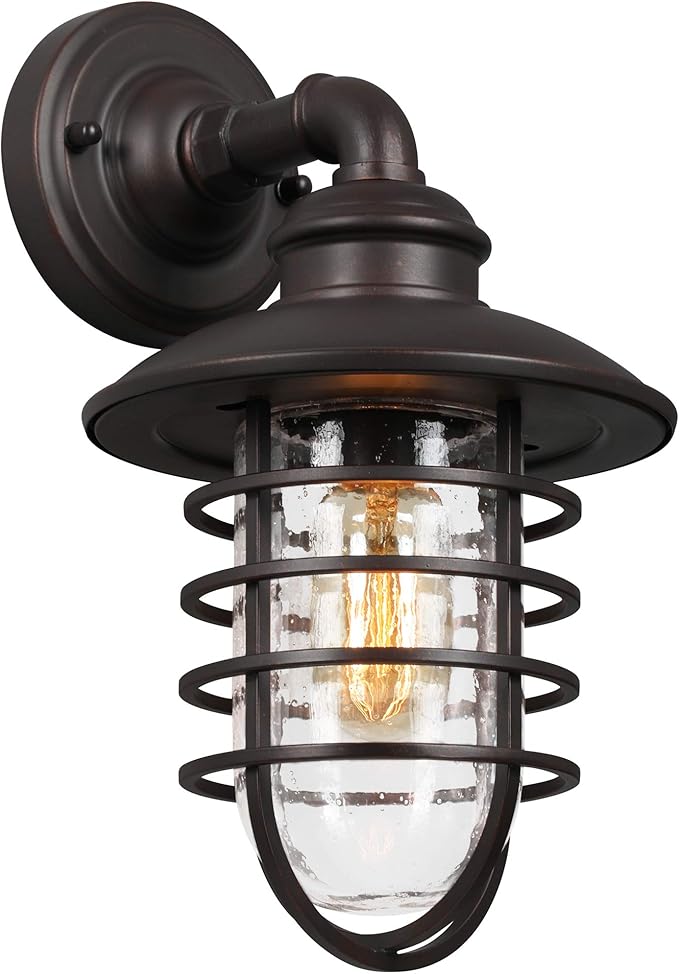 Design House 588970-BRZ Stevenson Rustic Industrial 1-Light Indoor Outdoor Dimmable Wall Light with Clear Seedy Glass and Metal Wire Shade for Kitchen Hallway Bedroom Bathroom Patio, Bronze