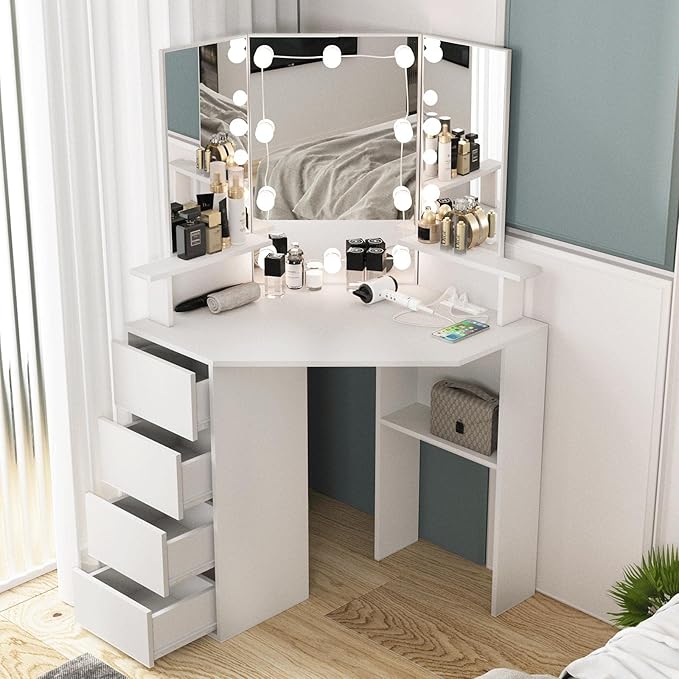 Vabches Corner Vanity Desk with Lighted Mirror & Power Strip,White Makeup Vanity Table with Lights,42 inch Corner Vanity Mirror with Lights and 4 Drawer, 3 Lighting Modes, Brightness Adjustable