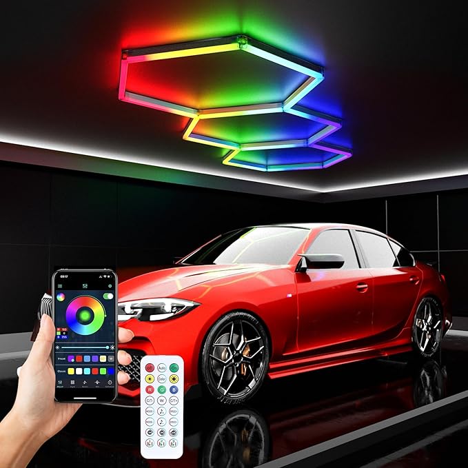 RGB Hexagon LED Light 3-Grid | Hexagon Garage Lights | 356 Color Modes | Music Sync | Smart App & Remote Control | Gaming Room Garage Bedroom Lighting