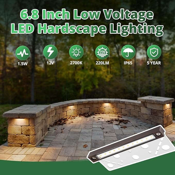 GKOLED 6.8 Inches LED Hardscape Lights, Low Voltage Retaining Wall Light Waterproof, 12V AC/DC Landscape Lighting, 1.5W 2700K, Classic Step Lights Outdoor, Die-cast Aluminum Housing