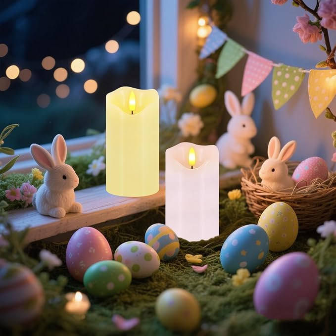 Flameless Candles Light, Set of 2 6"x3" Flickering Pastel Spring LED Candles with Remote & Timer, Dimmable Real Wax Easter Pillar Candles Battery Operated for Home Spring Easter Decor (Pink Yellow)