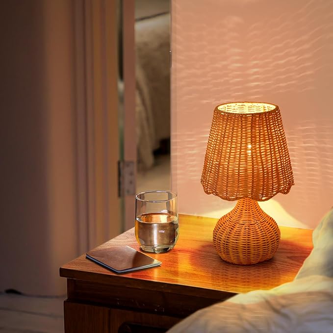 Rattan Table Lamp for Bedroom, Boho Small Table Lamps for Bedside, Farmhouse Mini Small Table Lamps for Small Spaces for Kitchen Counter, Bookshelf, Nightstand, Bedroom, Kids Dorm