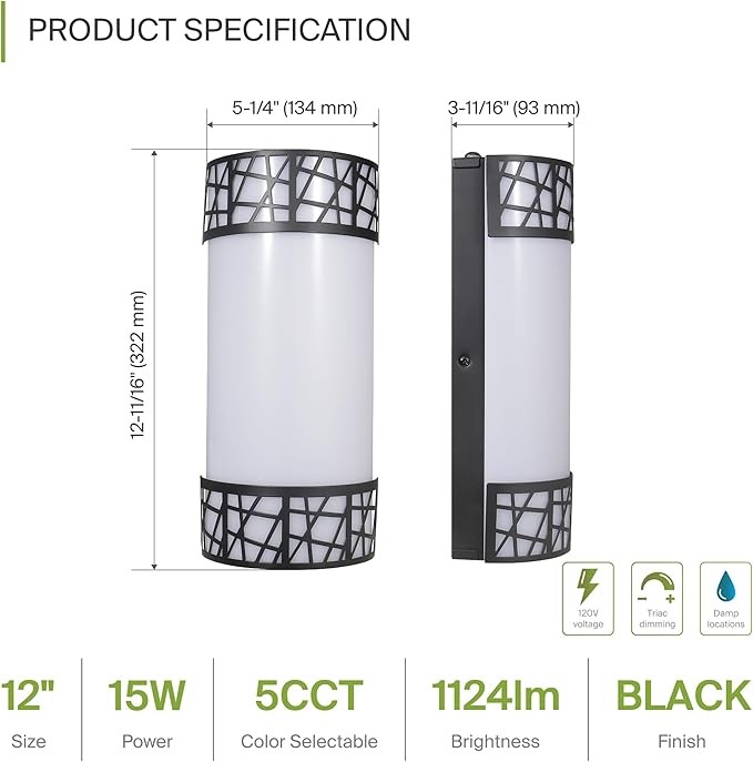 ASD 12 Inch LED Indoor Wall Sconce - Matte Black Modern Dimmable 15W 2700K-5000K Adjustable Wall Mounted Light Fixtures, Wall Lights for Bedroom, Bathroom, Living Room, Hallway Decor - ETL 4 Pack