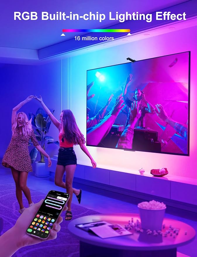 TV LED Backlight with Camera for 55-65 inch Screens, 13Ft LED Strip Lights Sync to Screen & Music, RGB Built in Chip Strip Lights Color Changing, Smart App Control, USB Power