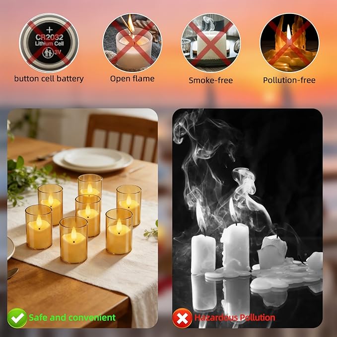 Rechargeable Acrylic Flameless LED Candles with Timer Control, Long Lasting Electric Tealights, Flickering Warm Glow Votive Candles for Holiday & Daily Decoration, (Set of 6, Amber)
