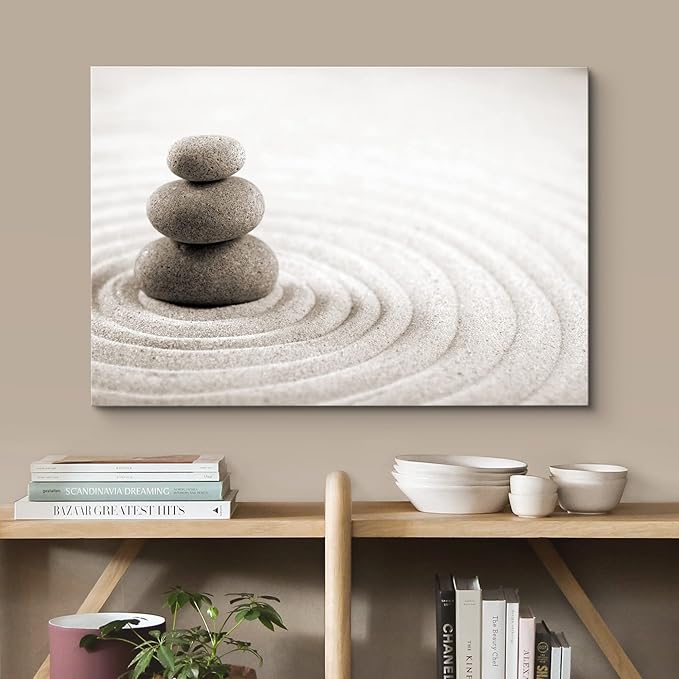 wall26 Canvas Print Wall Art Rock Stack On Gray Zen Sand Garden Floral Nature Photography Realism Bohemian Scenic Relax/Calm Cool for Living Room, Bedroom, Office - 16"x24"