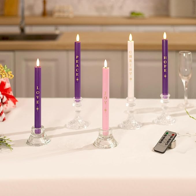 Flameless Advent Candles Battery Operated, Advent Candles Set of 5, 10 Inch Tall, Realistic 3D Flames and Remote Control, Electric LED Candle Set for Advent Wreath