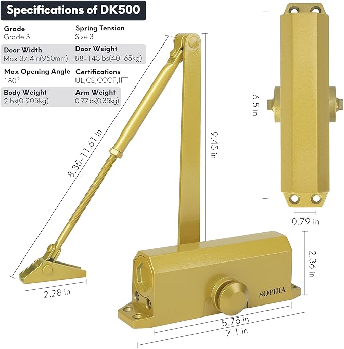 SOPHIA Automatic Door Closer Commercial, Auto Door Closer for Home Size 3 DK500, 3H Fire-Rated Hydraulic Door Closer Residential & Life Size Fitting Template, UL Listed, ANSI Grade 3, Brass