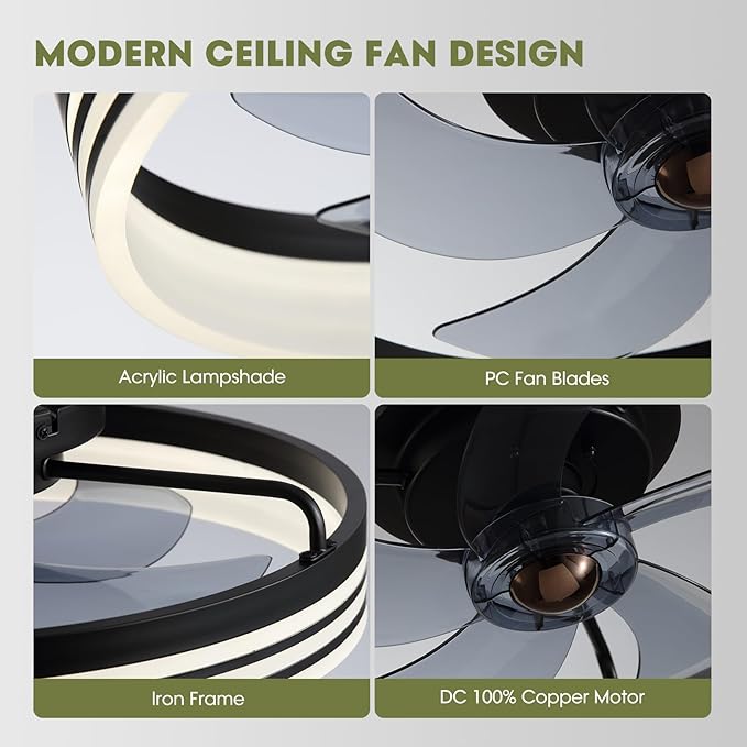 Ceiling Fan with Light, Flush Mounted Ceiling Fan with Lights, 6 Wind Speeds Smart Low Profile Fan for Bedroom, Kids Room and Living Room 20" (Black)
