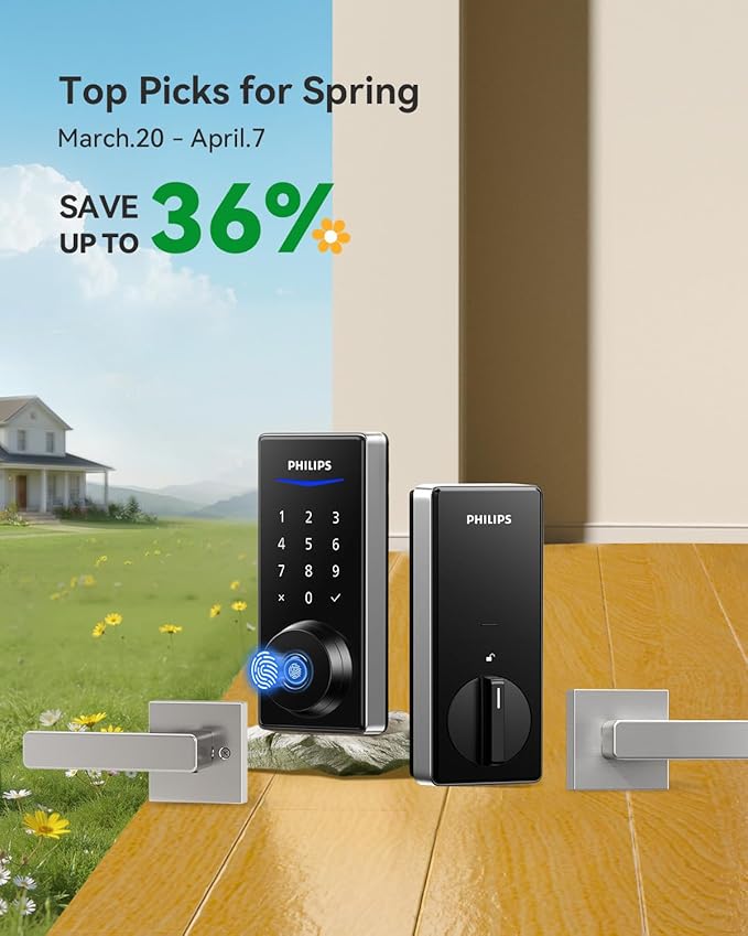 Philips Wi-Fi Smart Lock with Handles, Built-in WiFi Keyless Entry Front Door Lock Set, Keypad Deadbolt with Handle, App Fingerprint Code Unlock, Auto Locking, Remote Control & Voice Unlock, Nickel