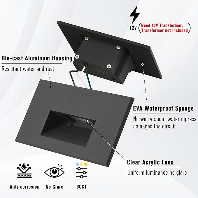 12-Pack LED Step Lights Outdoor Stair Light Indoor, 12V Low Voltage Color Changing 3CCT 3000K/4000K/5000K, 4W 150LM IP66 Waterproof Light for Steps, Horizontal White