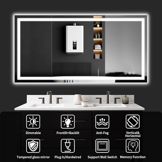 50"x30" LED Bathroom Mirror with Lights, Dimmable，Anti-Fog，Bathroom Vanity Mirror for Wall, Backlit + Front Lit, Memory Function, Shatter-Proof，Tempered Glass