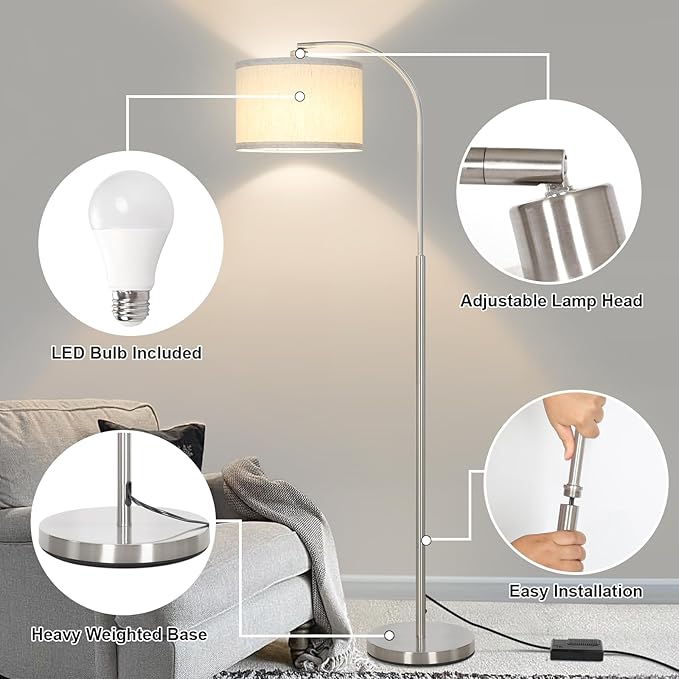 Boncoo Arc Floor Lamp, Dimmable Floor Lamp for Living Room, Standing Lamp with Adjustable Drum Shade, Tall Pole Lamp for Bedroom Study Room Office, 9W 3000K LED Bulb Included