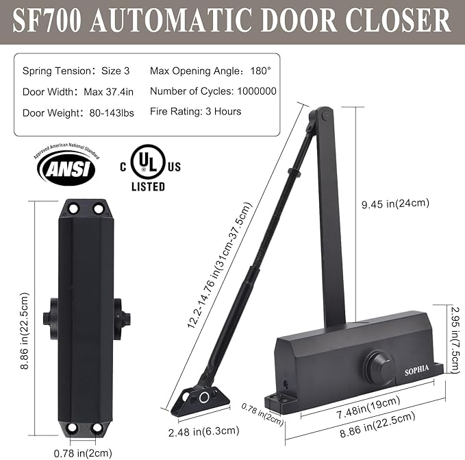 Commercial Door Closer Grade 2, Automatic Auto Door Closer Heavy Duty, Hydraulic for Home Residential Adjustable Size 3, ADA & UL, Matte Black - SF700
