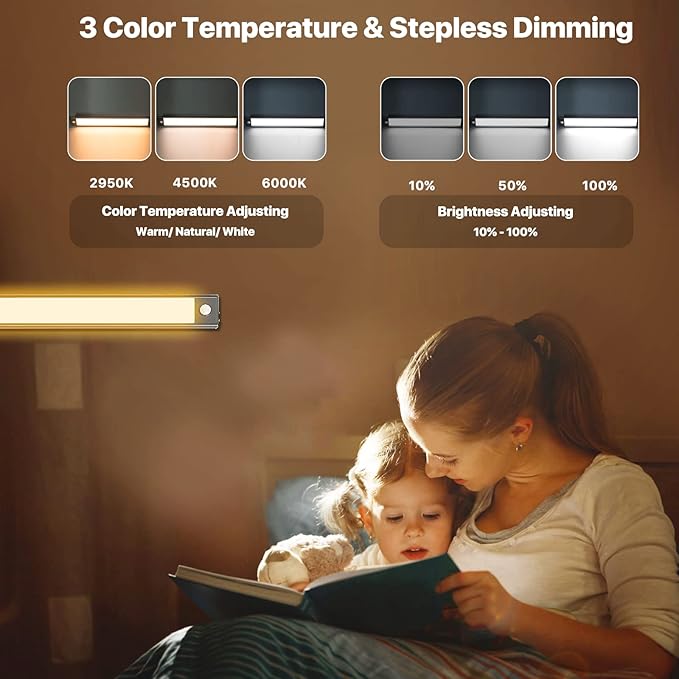 69 LED Under Cabinet Lighting 2 Pack, 3 Color Motion Sensor Light Indoor, 3000mAh Rechargeable Stepless Dimmable Closet Lights, Wireless Battery Operated Under Counter Light for Kitchen