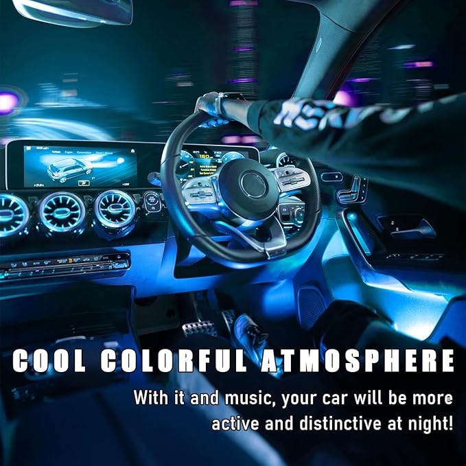 Car Interior LED Strip Light, 12V 24 LED Neon Ambient Night Light with Cigarette Lighter Plug, Automotive Atmosphere Decorative Under Dash Lighting Kit, Car Accessories (Ice Blue)