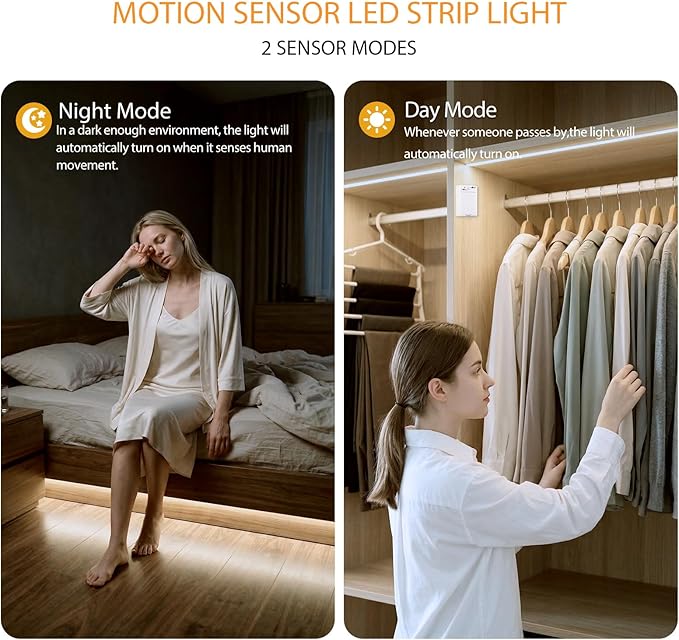 OMIKA COB Motion Activated LED Strip Light, 6.56ft 640LEDs 4000K Natural White Rechargeable Night Light, Safe Tape Light for Cupboard, Bed, Shelves, Wardrobe, Stairs, Pantry, 2 Pack