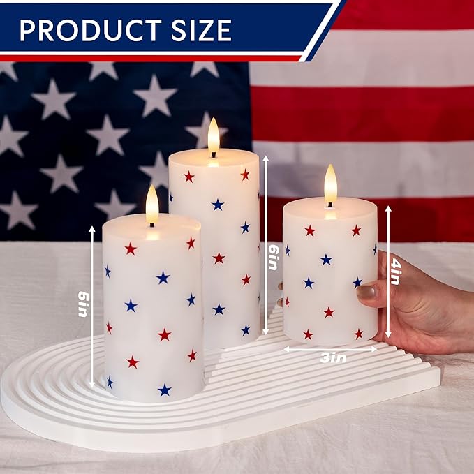 Patriotic Flameless Pillar Candles with Remote, 3 Pack Battery Operated Real Wax LED Candles, Perfect for 4th of July Independence Day Home Decorations Fireplace Table, Star Sticker