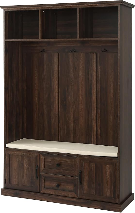 RUNNA Delicate 3-in-1 Hall Tree with 2 Cabinet and 2 Drawers,3 Open Shelves and 3 Hooks,Coat Hanger and Storage Bench,for Livingroom Hallway Entryway Use (Tiger#H-)