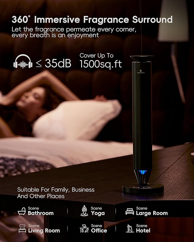 Wireless Rechargeable Hotel Scent Diffuser Starter Kit - 1500 Sq Ft Coverage, Alloy Atomization System,Mood Light,Waterless Oil Diffuser, Including 120ml Essential Oil, for Home,Large Room,Spa,Black