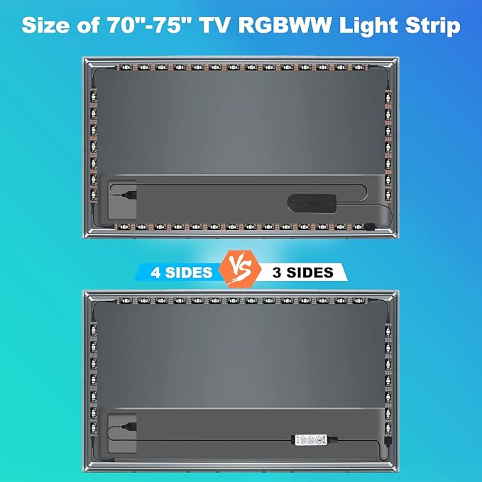 Bluetooth RGBWW LED Lights for 70-75 Inch TV with App Control, RGB+Tunable White 3000K-6500K TV LED Backlight with RF Remote, Music Sync Indoor for TV, Gaming