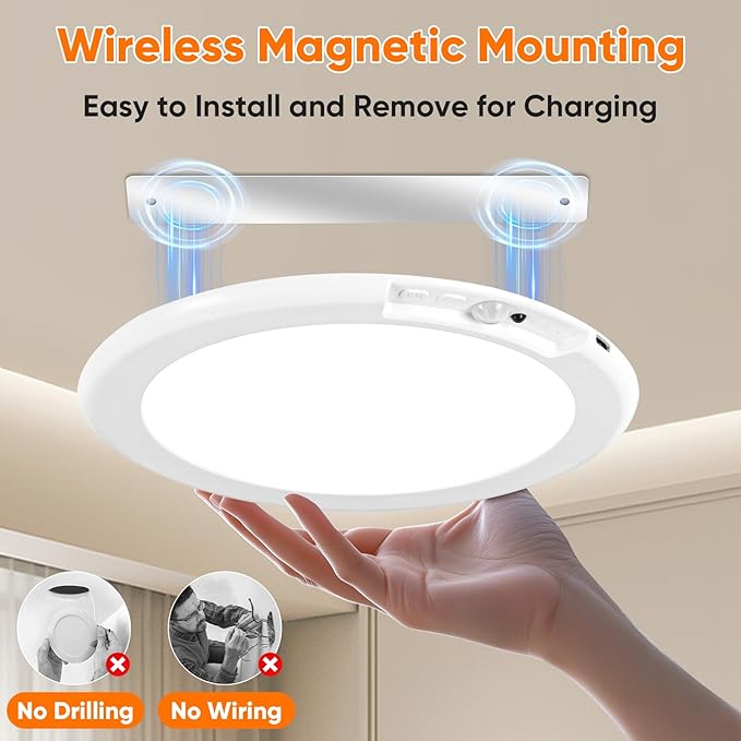 Rechargeable Motion Sensor Ceiling Lights with Remote, Battery Operated Ceiling Lights No Wiring, Wireless 3 Colors Dimmable Overhead Lamps for Closet Shower Shed Hallway, 4-Pack