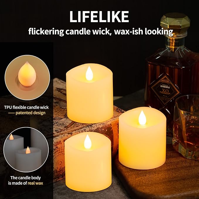 3x3 Flickering Flameless Candles Set of 3, 2AA Battery Life 600 Hours Battery Candles Flickering with Timer,3 inch Flameless Candles with Remote for Indoor/Outdoor, Ivory