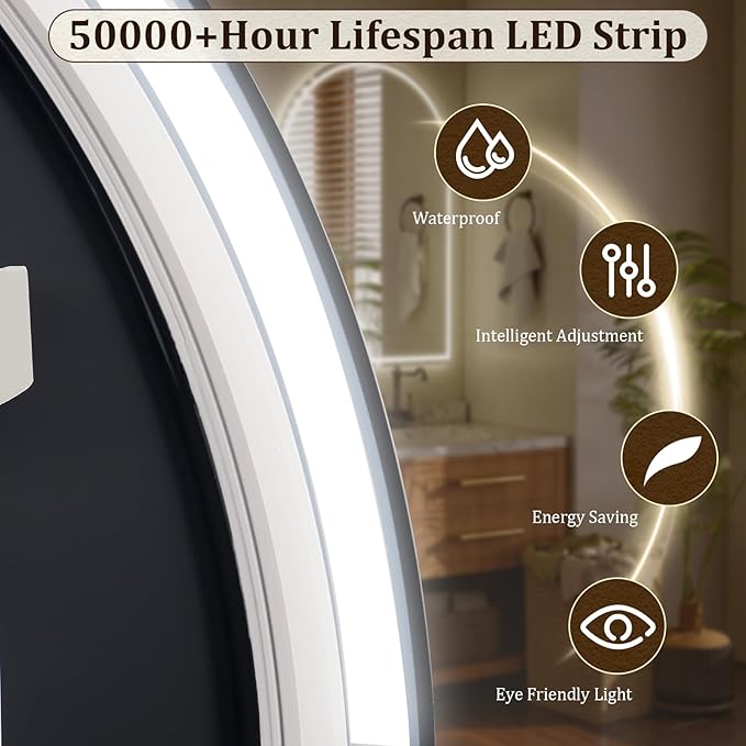 BEAUTYPEAK LED Arch Bathroom Mirrors with Lights, 36x24 Arch Mirror with Metal Frame, Anti-Fog,LED Mirror with Front Light and Backlit, Memory Function for Bathroom, Dressing Room