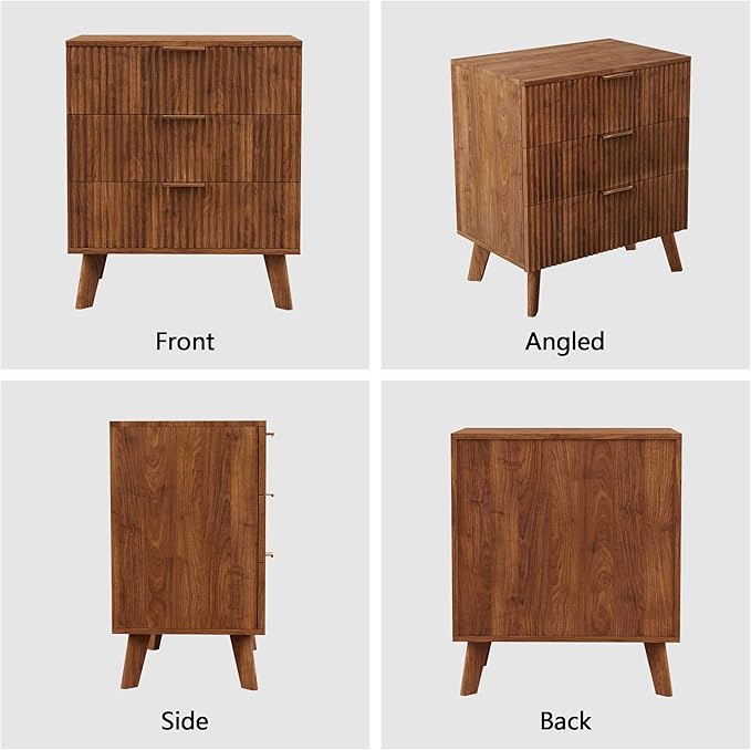 Fluted 3 Drawer Dressers, Modern Closet Dressers Chest of Drawers, Wood Storage Dresser Chest of Drawers Organizer for Bedroom Living Room Hallway Closet, Walnut, 2 Sets