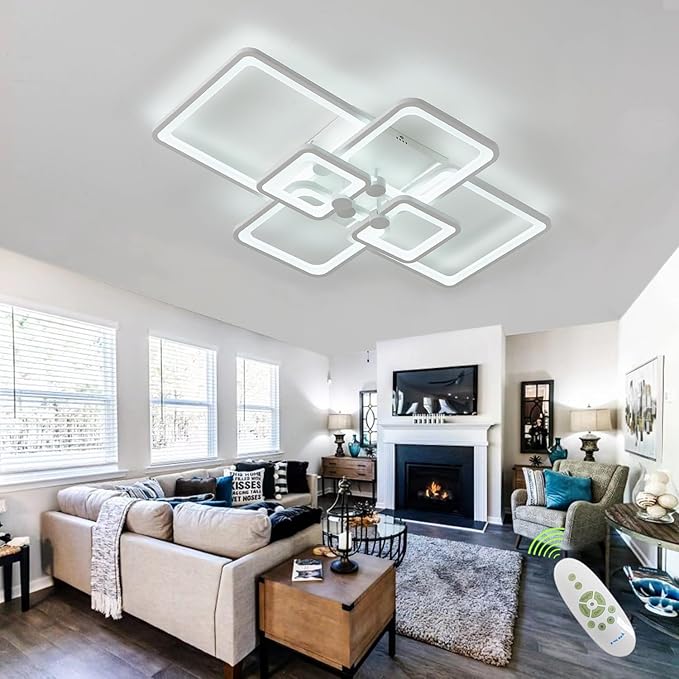 Dimmable White Modern Ceiling Lamp with Remote for for Living Room,6 Square Acrylic Modern Lighting Fixture Ceiling Lights,3000K-6500K Flush Mount Light Fixture for Bedroom Dining Room