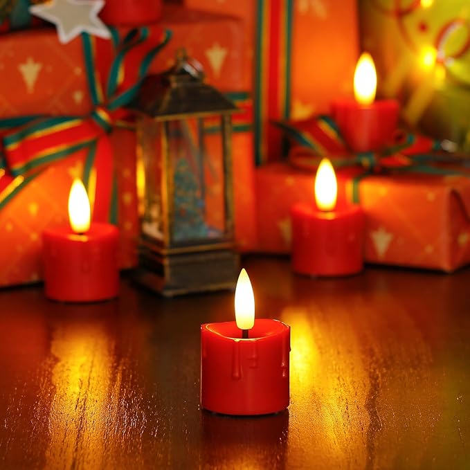 Rechargeable Flameless 1.6" x2.5" Tea Light Candles with Remote & Type-C Charging Cable, Timer LED Flickering Red Plastic 6pcs Mini Dripping Wax Votive Tealight
