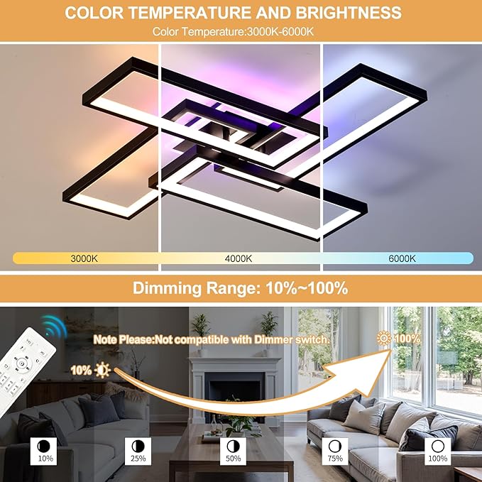 Modern Minimalist LED Flush Mount Ceiling Light Fixture - 50W Dimmable 3000-6000K Black with Remote & APP Control for Bedroom, Living Room, Kitchen, Balcony