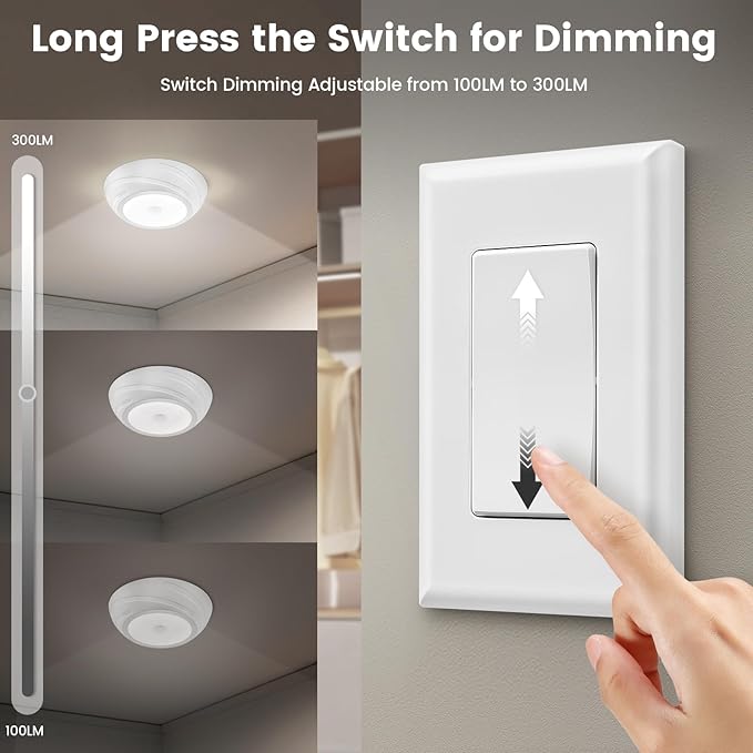 SURAIELEC Battery Ceiling Light with Wall Switch, Motion Sensor Light Indoor, Wireless Wall Switch Remote, 6500K, 300LM, Battery Powered Ceiling Light for Closet, Pantry, Laundry, and Shed, 1-Pack
