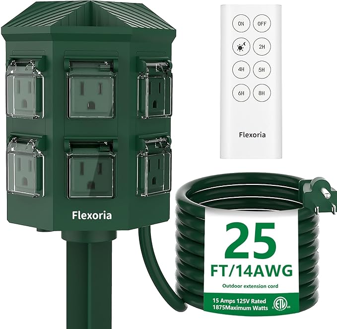 Outdoor Power Stake Timer, Remote Control Dusk to Dawn Light Timer, 25FT Extension Cord Waterproof, 6 Grounded Outlets for Graden and Yard Decorations, ETL Listed
