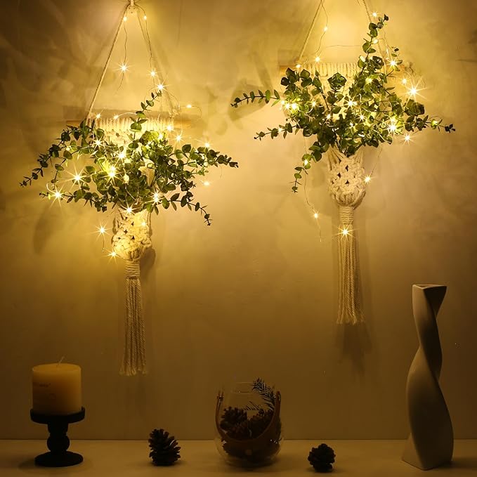 Macrame Wall Hanging Plants with LED Lights, White Cotton Rope, Wooden Dowel, Boho Woven Plant Holders with Artificial Eucalyptus Leaves, wall Decor, Set of 2 (Green)