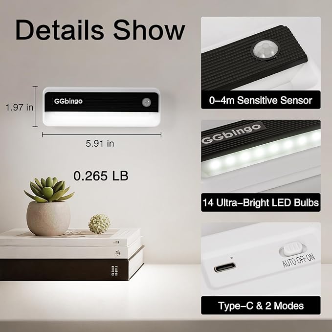 Motion Sensor Night Lights, 1800mAh Rechargeable Motion Activated Night Light, 6000K Battery Operated LED Sensor Light Indoor for Stair, Bedroom, Stairway, Hallway, Kitchen, Cabinet, Closet