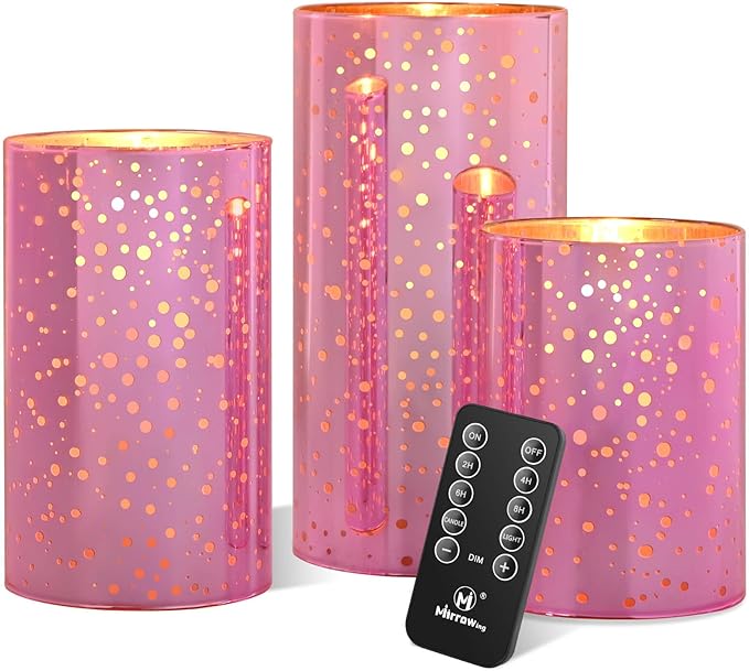 Pink Flameless LED Candles with Remote – Mercury Glass, Real Wax, Warm White Flicker, 500+ Hrs, Easter & Spring Decor for Women, Valentine's Day. Batteries Included