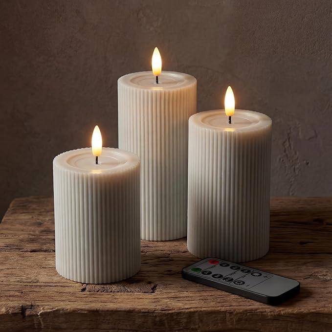 WYZworks Fluted Ribbed LED Pillar Candles, Cream Beige, with Realistic Reflective Melted-Wax Effect – Flickering Flame, Remote, Dimmable, Flameless, Battery Operated, Home & Wedding Decor (Set of 3)