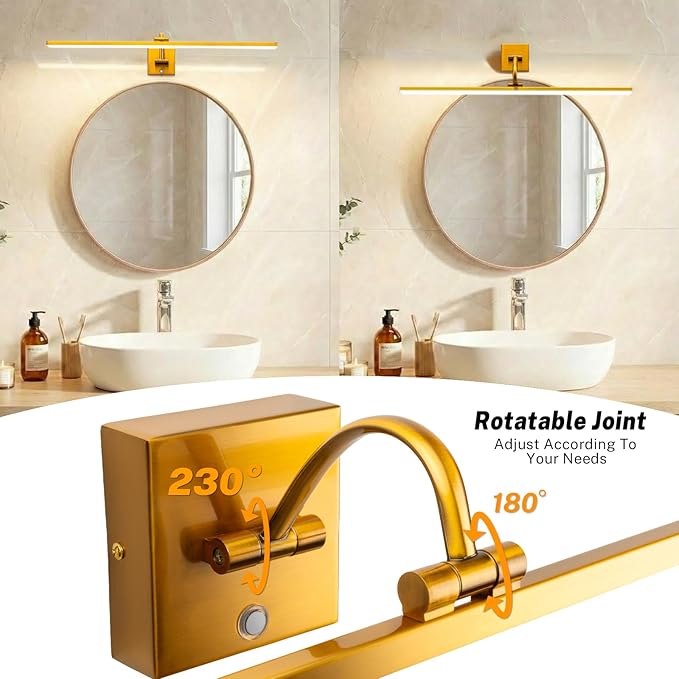 OSYNNIQ Bathroom Vanity Light, 34″ Modern Lighting Fixture Over Mirror Dimmable 16W 6000K LED Light Bar Rotatable Brass Gold Waterproof IP44 Wall Sconce for Makeup Shaving