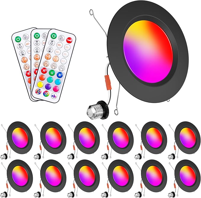 Recessed Lighting 5/6 Inch Color Changing LED Black Can Lights for Ceiling 13W 1050LM Retrofit Recessed Lights with Baffle Trim RGBCW Downlight Dimmable by Remote Control, Memory, Delayed Off, 12 Pack