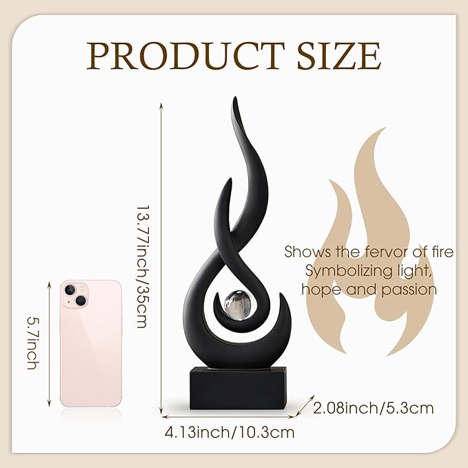 Black Flame Statue Decor for Living Room, 13.7" H Modern Minimalist Sculptures Home Decorations for Dining Room, Abstract Art Sculpture for Shelf Coffee Table Centerpiece