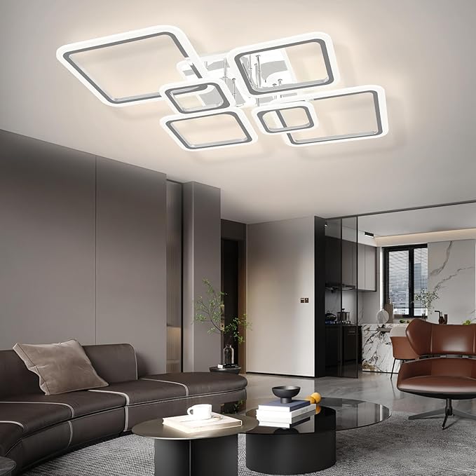 Modern LED Ceiling Lights for Bedroom 40.2'' Dimmable Square 6+1 Rings Ceiling Lights for Living Room with Remote Control 130W for Kitchen,Balcony, Bedroom, Chrome