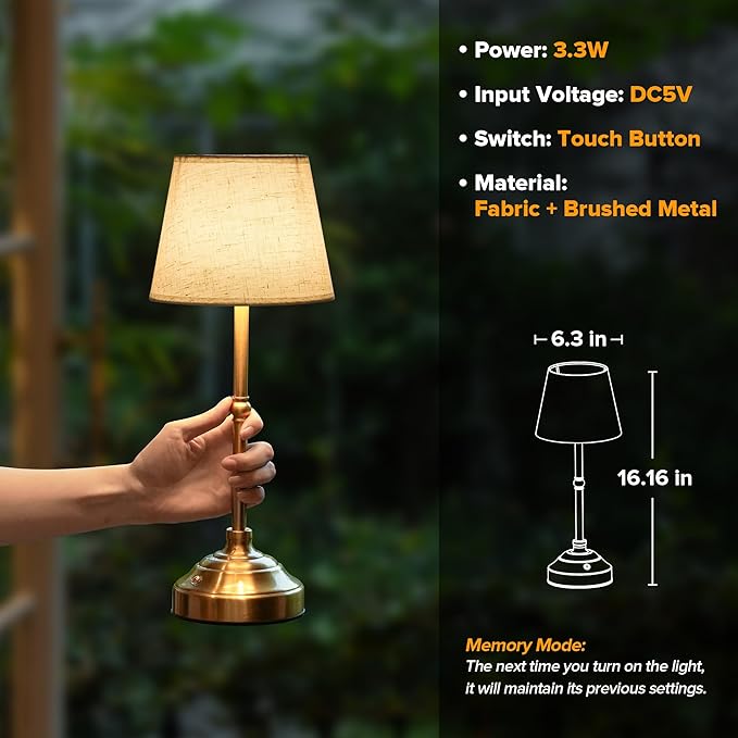 Cordless Table Lamp, Rechargeable Desk Lamp with Fabric Shade, 5400mAH Battery Operated 3 Color Stepless Dimming, Portable Touch Bedside Lamp Home Decor for Dining, Counter (Brushed Gold)